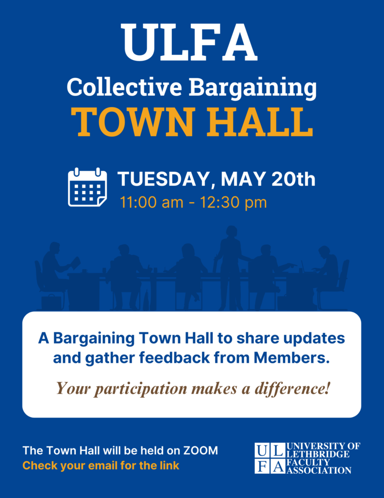 Graphic promoting the ULFA Collective Bargaining Town Hall on May 20th, 11:00 am - 12:30 pm, via Zoom, encouraging member participation.