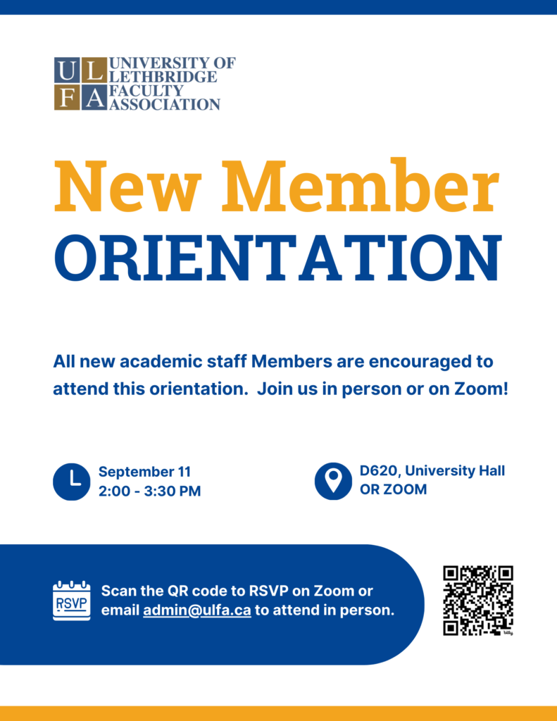 Promotional flyer for the University of Lethbridge Faculty Association's new member orientation on September 11, available in-person or via Zoom.