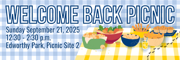Colorful illustration for a "Welcome Back Picnic" event on September 21, 2025, featuring food and details about the picnic location and time.