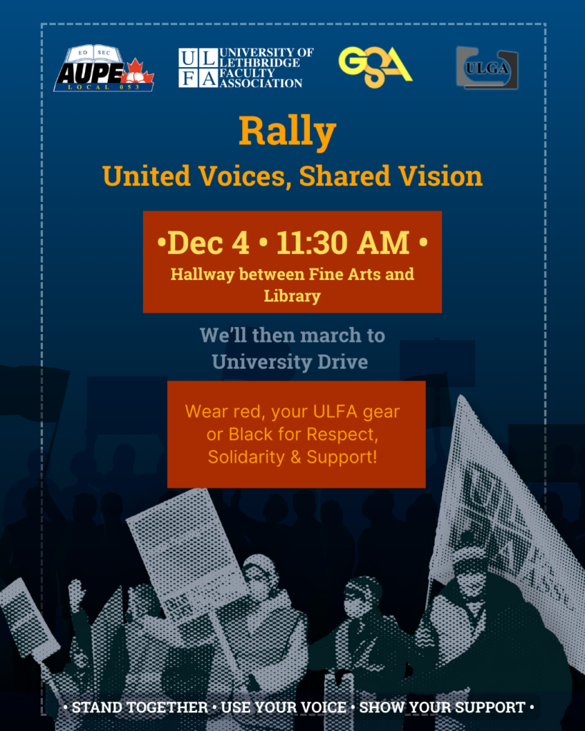 Event poster for a rally at the University of Lethbridge on Dec 4, encouraging participants to wear red or black for solidarity and support.