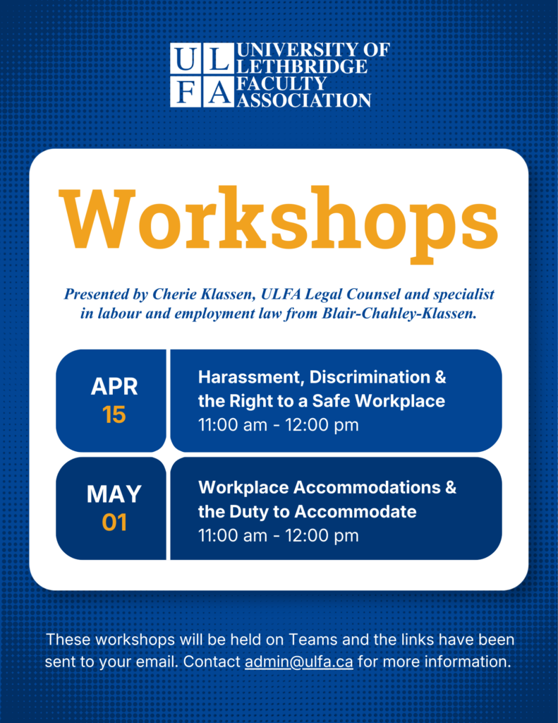 A blue poster advertising ULFA workshops presented by Cherie Klassen, ULFA Legal Counsel and specialist in labour and employment law from Blair-Chahley-Klassen.