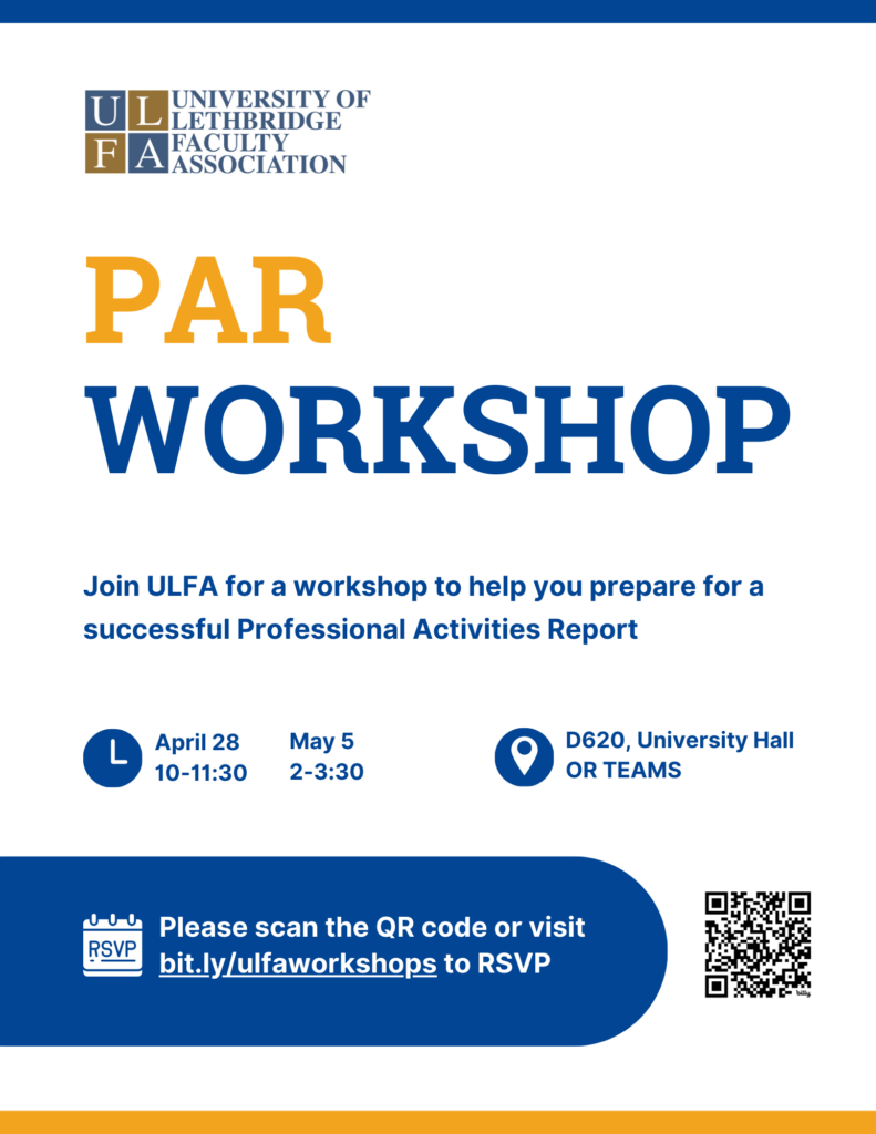Poster for a PAR Workshop on April 28 & May 5 hosted by the University of Lethbridge Faculty Association.