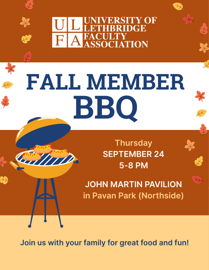 Poster advertising the University of Lethbridge Faculty Association Fall Member BBQ taking place on Thursday, September 24 at 5:00 pm at John Martin Pavilion.