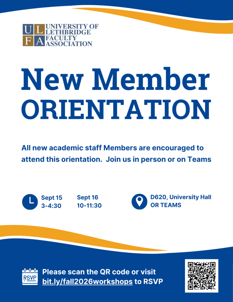 Poster advertising a New Member Orientation being held on September 15 & 16 by the University of Lethbridge Faculty Association.