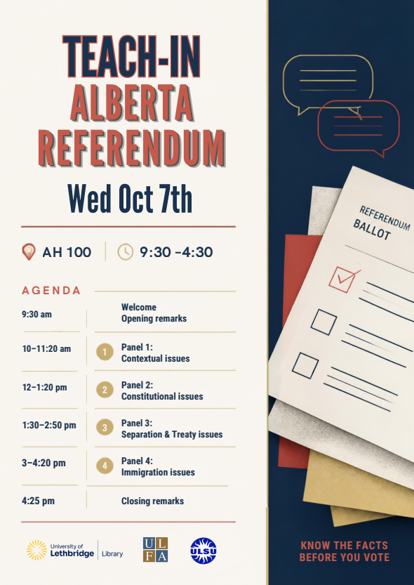 Poster providing the agenda for an Alberta Referendum Teach-In being held on October 7 from 9:30 am - 4:30 pm